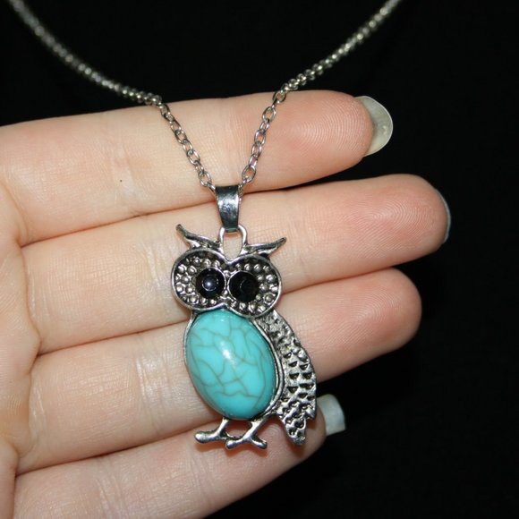 Silver and turquoise owl necklace 20"